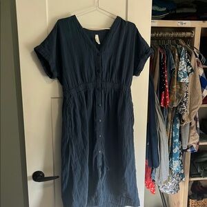 Pact Navy Blue Organic Cotton Empire Waist Midi Dress – Size L Pact